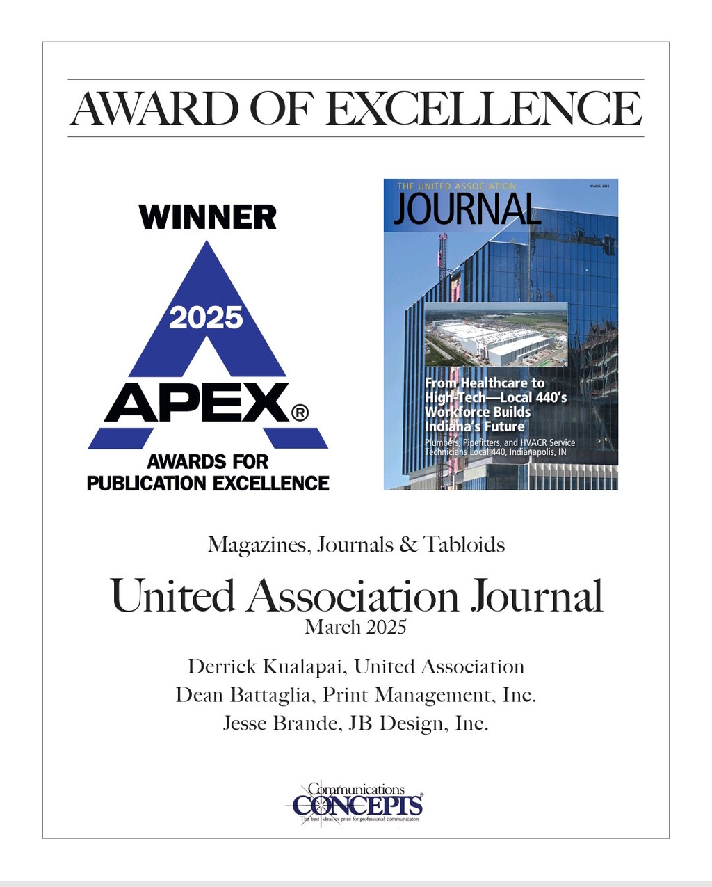 Print Management Inc, United Association Journal APEX 2025, Dean Battaglia